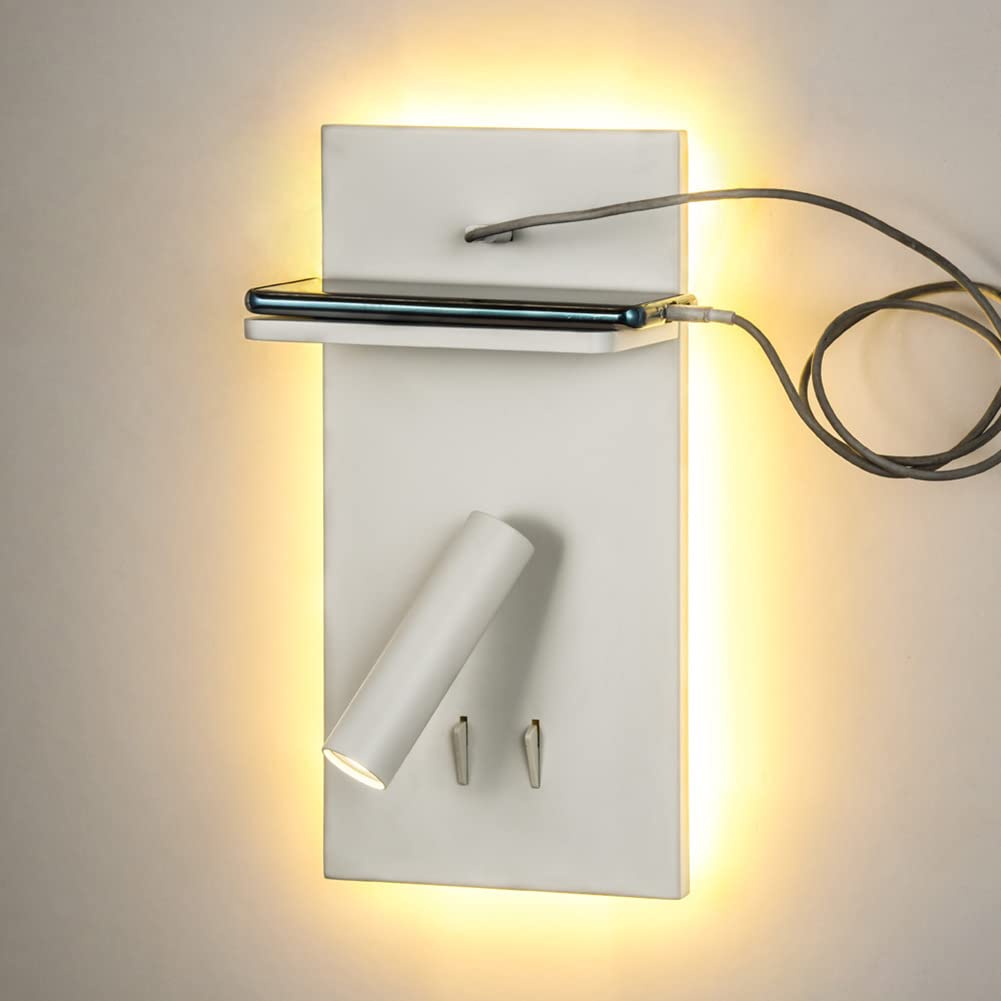 Kinkiet LED 6W z przełącznikiem i funkcją ładowania USB, wewnętrzne białe światło, obracana i regulowana, lampka nocna / do czytania, półka, oświetlenie do cha