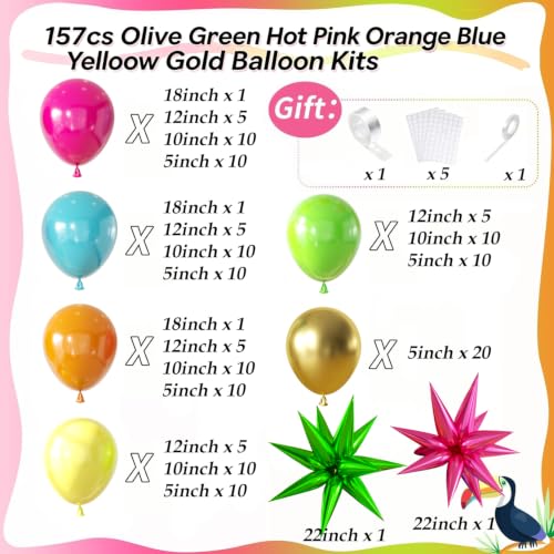 Image of 157PCS Flamingo Tropical Luau Balloons Arch Garland Kit, Olive Green Hot Pink Orange Blue Yelloow Gold Balloons with Foil Star Balloons for Summer Beach Aloha Pool Party Decorations Supplies