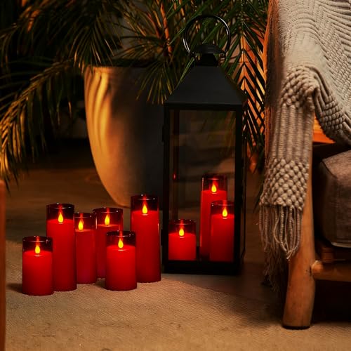 Image of Homemory Christmas Red Flickering Flameless Candles, Battery Operated Acrylic LED Pillar Candles with Remote Control and Timer, Set of 9