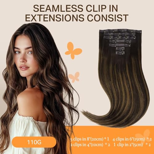 Image of DOORES Clip in Hair Extensions, Dark Brown to Chestnut Brown 7pcs 110g 22 Inch, Real Human Hair Seamless Clip in Hair Extensions Straight Invisi Edge