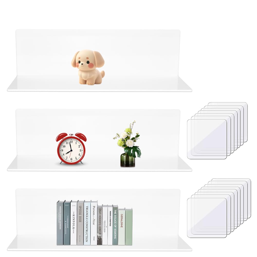 CAREDGO Estantes de Pared Flotantes Blancos, 3 Estanterías de Pared Adhesivas de Acrílico de 30 x 11 x 9 cm Balsas Flotantes de Pared sin Taladros Estantes de Pared Adhesivos para Baño Cocina Salón