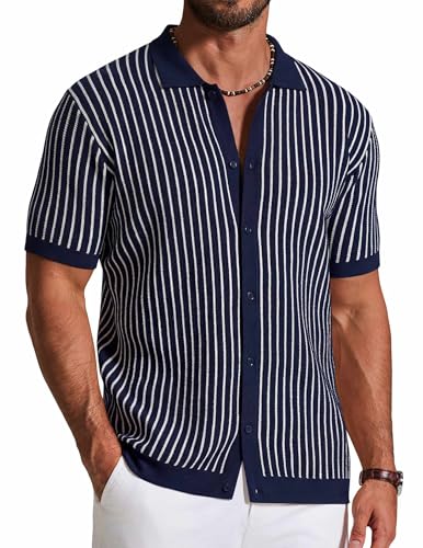 Image of COOFANDY Mens Knit Button Down Shirts Short Sleeve Polo Shirt Vintage Striped Casual Shirts