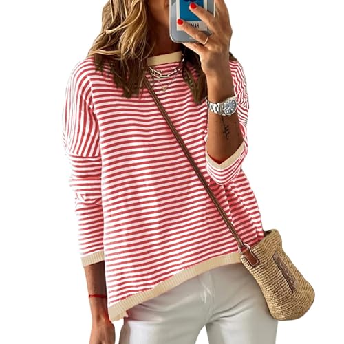 Image of Wowcarbazole Women's Pullover Sweaters Striped Long Sleeve Crew Neck Color Block Sweater Tops Casual Loose Knit Shirts
