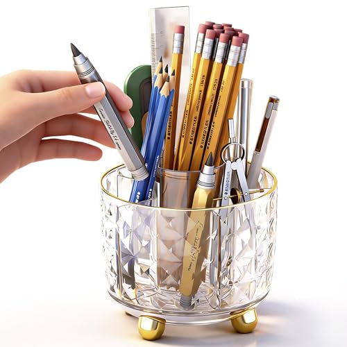 Image of GOTOBA Pen Holder for Desk, 6 Slots 360 Degree Rotating Desk Organizers - Pencil Pen Organizers for Desk - Pencil Holder for Desk - Pencil Cup Pot for Office School Home Art Supply (Transparent)