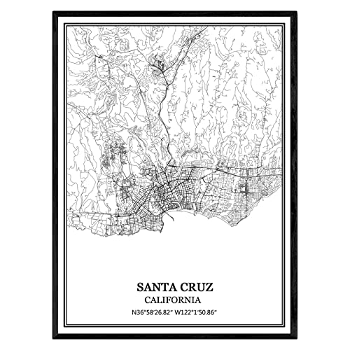 Tanokcrs Santa Cruz California Usa America Map Wall Art Canvas Print Poster Artwork Unframed Modern Black And White Map Souvenir Gift Home Decor 9X11 Inches #TOP8