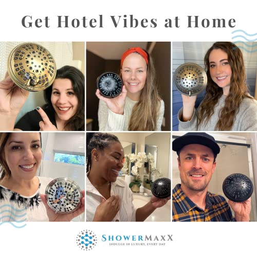Showermaxx Luxury Spa Series Shower Head, 6 Spray Setting, 4.5 Inch Adjustable High Pressure Shower Head Fixture For Hard Water, 360-Degree Tilt Massage Shower System - Polished Brass Gold Shower Head #TOP6