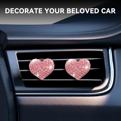 Image of Car Bling Air Vent Clips, 2 Pcs Bling Heart Charm Air Conditioning Outlet Clip, Crystal Rhinestone Accessories, Car Interior Decoration Cute Accessories for Women Girls (Pink, Vanilla)