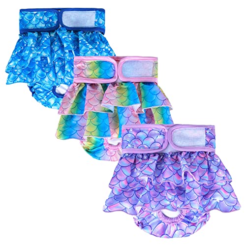 Reusable Dog Diapers Female, Pack of 3 Washable Highly Absorption Puppies Dogs Diapers for Period Heat Panties or Excitable Urination (Fish Scales, L)