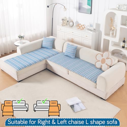 Image of HOKIPO L Shape (2+2 Seater) Sofa Cover Seat Mat | 300 GSM Cotton Acrylic Jacquard Fabric with Tassel, 'Trivana Series' Aqua Blue (IN-934+935-J7)