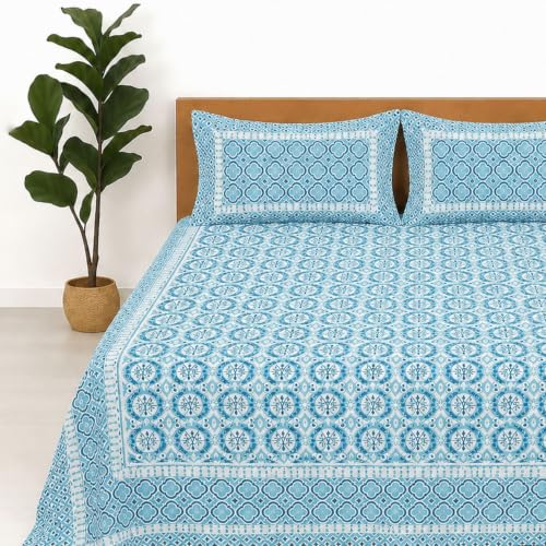Image of Jaipur Weaves Jaipuri Double Bed Cotton Bedsheet Queen Size 90x85, 120 TC 100% Pure Cotton Bed Sheet with 2 Pillow Covers, Floral Traditional Print (Blue Floral, Double)