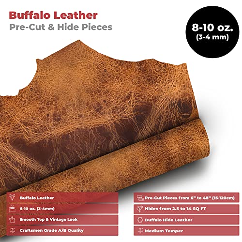 European Leather Work Buffalo Hide 8-10 Oz (3-4Mm) | Pre-Cut Size: 6"X12" | Vintage Tan - Full Grain Leather For Tooling, Stamping, Molding, Engraving #TOP1