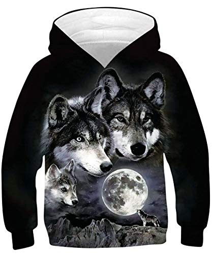 Rave on Friday Wolf Sweatshirt Garçons Teen Loup Sweat à Capuche Mode 3D Imprimé Hoodie Manche Longue Pullover pour Filles L (12-13 Ans, 145-155 cm) Cover