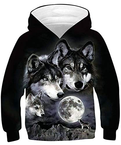 Wolf Hoodies for Girls&Boys Galaxy Pullover 3D Printed Sweatshirt Novelty Hooded Jumper with Pocket M 8-11Y