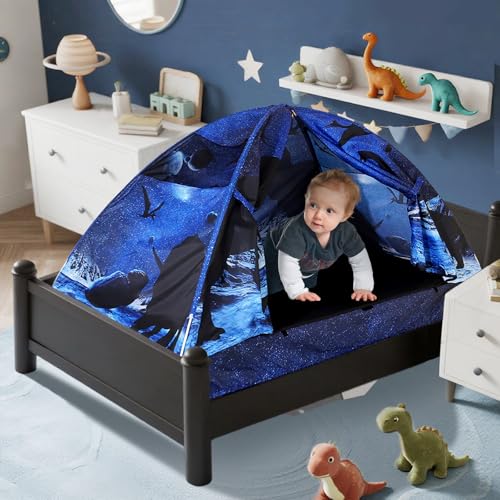 Image of Kid Bed Tent -Twin Play Tent Baby Toddlers Dream Playhouse for Bedroom Decor Indoor Games Twin Size Bed Canopy by CRAWLBO(Dinosaurs)
