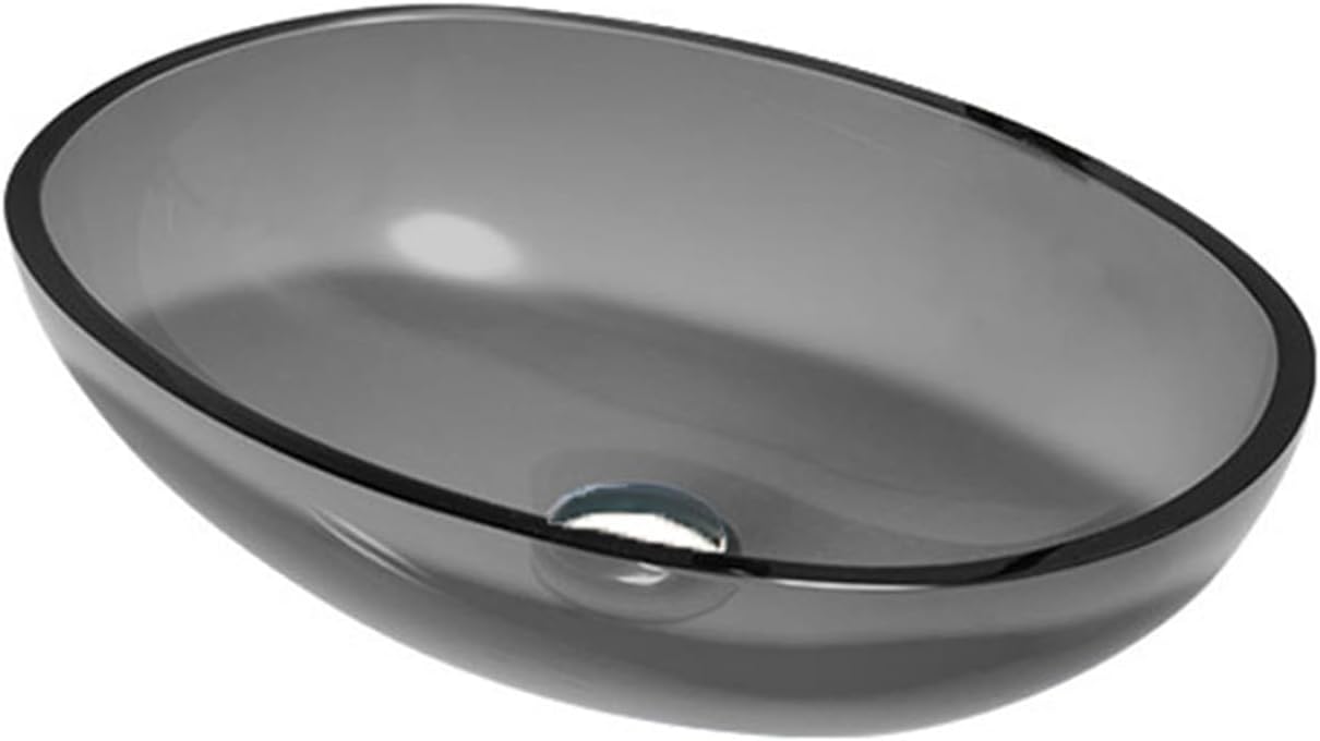 Bathroom Glass Basin Counter Top Sink Washing Bowl Washbasin - Oval - Countertop Lavatory Combo Faucet Pop-up Drain Mounting Ring(Size:Only basin,Color:Grey,)