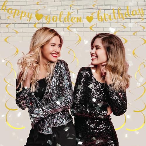 Image of Happy Golden Birthday Banner with 6 Hanging Swirls: Pre-Assembled Glitter Banner & Metallic Foil Swirls for Golden Birthday Party Decor, Indoor Wall & Ceiling Decorations