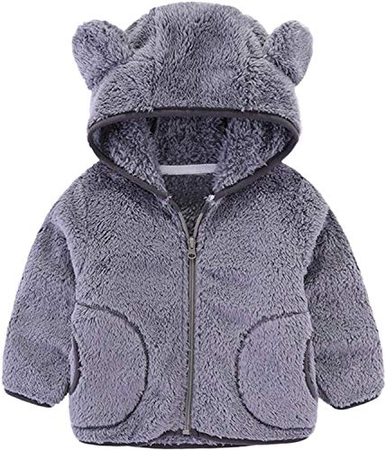 Toddler Baby Fleece Jacket 3D Bear Ears Hooded Coat Winter Thick Warm Cardigan Sweatshirt Outwear for Girls Boys Infant Kids Fall Fuzzy Sherpa Long Sleeve Thicken Windproof Hoodie Snowsuit Grey 4-5T