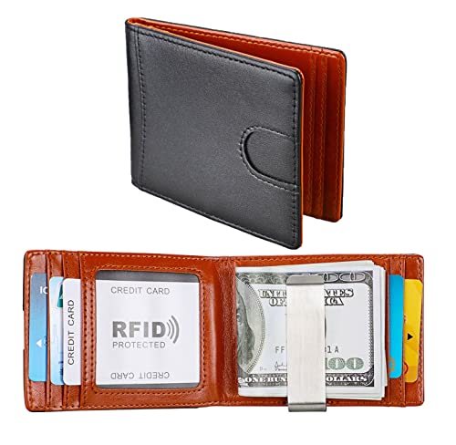 RFID Genuine Leather Wallet, Blocking Slim Bifold Minimalist Front Pocket Wallets for Men with Money Clip Thin Mens (Black & Brown)3