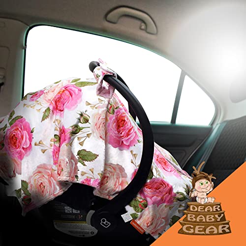 Image of Dear Baby Gear Car Seat Cover for Boys & Girls - Baby Carseat Canopy w /Snap Opening - Infant Seat Cover - Stroller & Nursing Covers - Newborn Carrier Canopy - 40x30 (Pink Rose - Pink Dot)