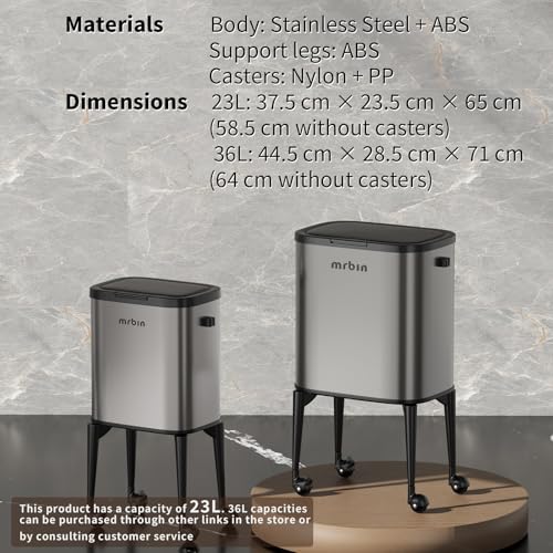 Image of MRBIN Metal Kitchen Trash Can with Wheel Legs, 23L / 6.1gal Medium Press Lid Slim Removable Waste Basket, Pet Proof Tall Narrow Garbage Pail for Vanity, Bedroom, Bathroom, Living Room, Eclipse Grey