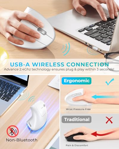Lekvey Ergonomic Mouse, Vertical Wireless Mouse, Rechargeable 2.4G Optical Carpal Tunnel Mice with USB Receiver: 1000/1200 / 1600 DPI, 6 Buttons, for Laptop, Computer, PC, Desktop, Notebook, White