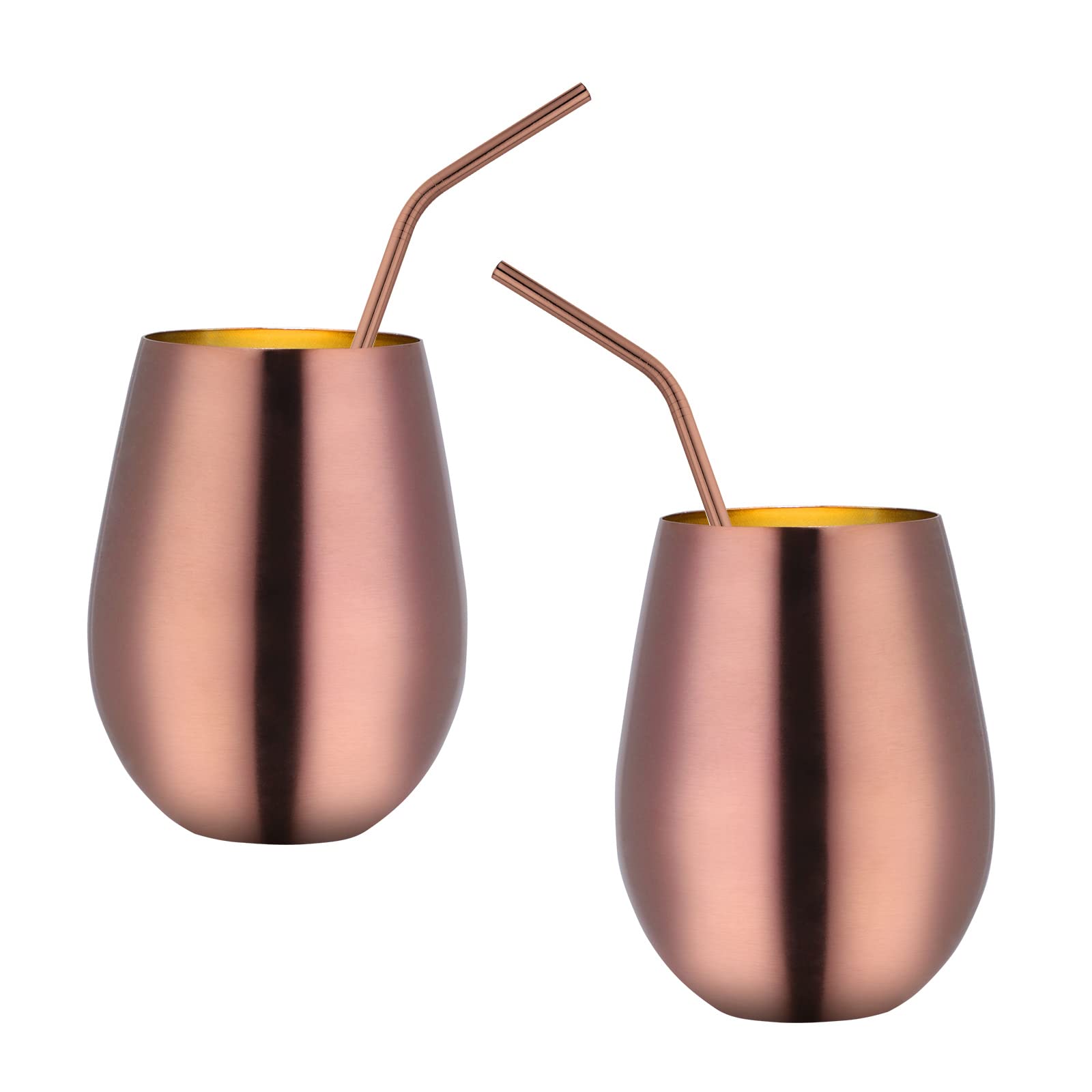 TEAHAHA 17 oz Stainless Steel Stemless Wine Glass Set of 2 with Straw，Outdoor Portable Wine Tumbler for The Pool, Camping,Cookouts， Unbreakable, Shatterproof Metal Drinking Tumblers (Rose Gold)