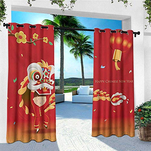 leinuoyi Chinese New Year, Outdoor Curtain Wall, Little Boy Performing Lion Dance with The Costume Flowering Branch Lantern, Set for Patio Waterproof W84 x L96 Inch Multicolor