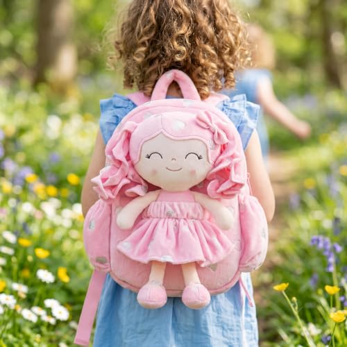 Image of Gloveleya Toddler Backpacks Baby Girl Gifts Curly Hair Plush Figures Dress Backpack - Pink Loving Heart 11''