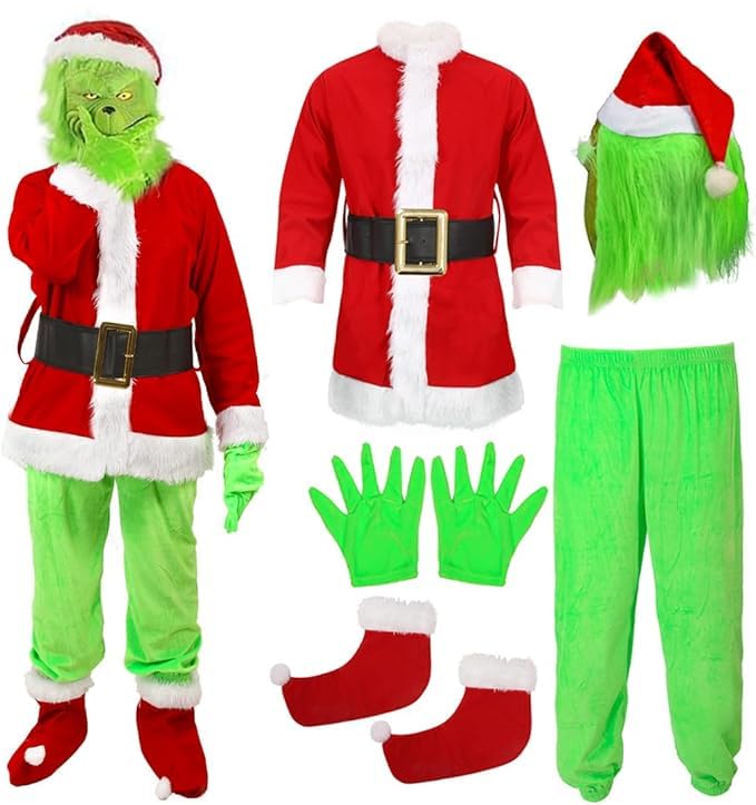 SINSEN Grinch Kostüm für Kinder Jungen Grünes großes Monster Weihnachtspelzanzug Weihnachtsmann Outfits Weihnachts Cosplay Kostüm