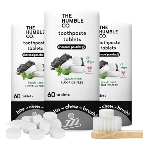 The Humble Co Fluoride-Free Chewable Toothpaste Tablets, Charcoal - Bite, Chew, Brush - Zero Water & Plastic Free Toothpaste Tabs - Travel-Friendly & Waste-Free Dental Oral Care Hygiene - 180 Count