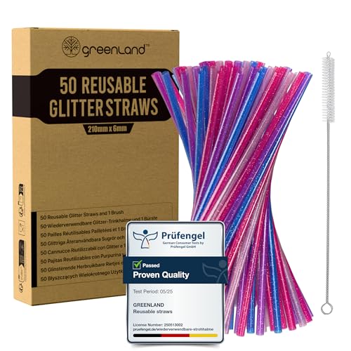 Greenland Confezione da 50 Cannucce Riutilizzabili con Glitter con Scovolino – 21 cm di Lunghezza, 6 mm di Diametro – Perfette per Cocktail, Latte, Succhi, Tè