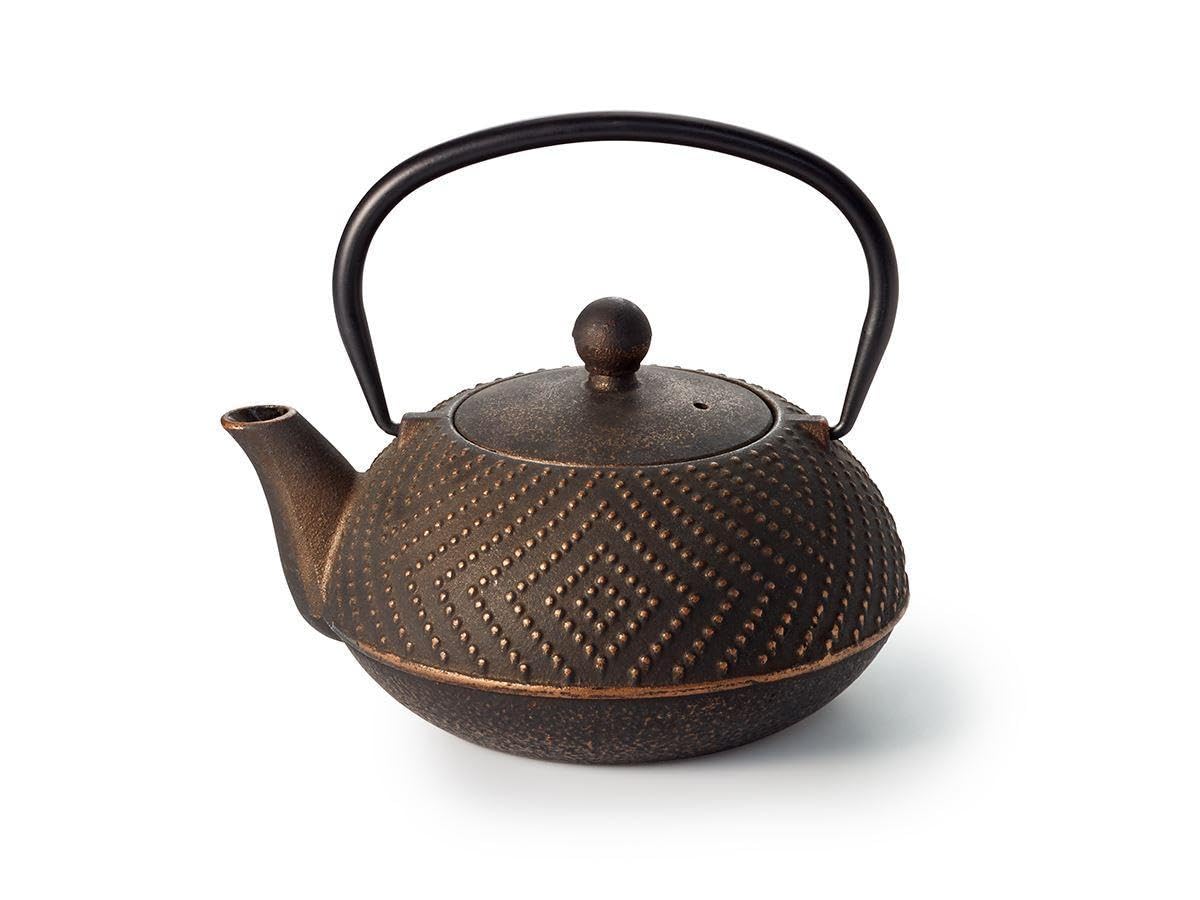 Thire de hierro fundido (0,7 L, negro-dorado-relieve con filtro de acero inoxidable)