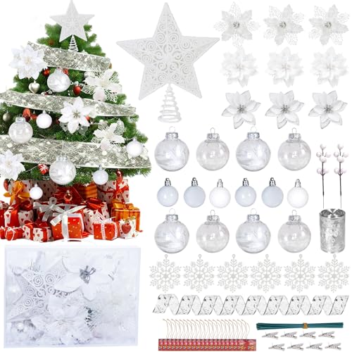 SWNAWE 76PCS Christmas Tree Decorations Set, White Christmas Tree Ball Ornaments Artificial Poinsettia Flowers with Star Tree Topper Berries Stems Mesh Ribbons Snowflakes for Xmas Tree Decor