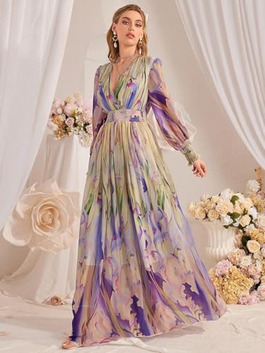 Image of TOLEEN Summer Casual Dresses for Women 2024 Spring Fashion Boho V Neck Long Sleeve Ruffle Floral Print Elegant Maxi Dress
