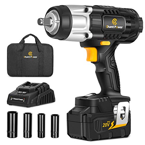 20V Cordless Impact Wrench with 1/2â€ Chuck, Strong Motor Max Torque 450N.m, 4.0Ah Lithium-ion Battery, Variable Speed, 4PCS Sockets, Fast Charger and Tool Bag Included, C P CHANTPOWER