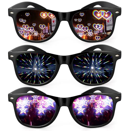 3 Stück Diffractions Party Brille, mit 3D Prisma Herz Stern Effekt, Lustige Brillen Brechungsbrillen Herz Brille Effekt, Rave Brille Herren Damen für Nacht EDM Feuerwerk Show Karneval Party Club