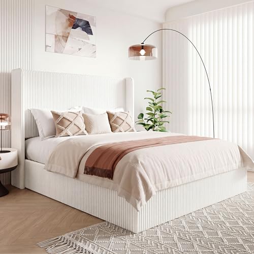 Image of Allewie Full Lift-Up Storage Bed Frame, Corduroy Wingback Headboard, White