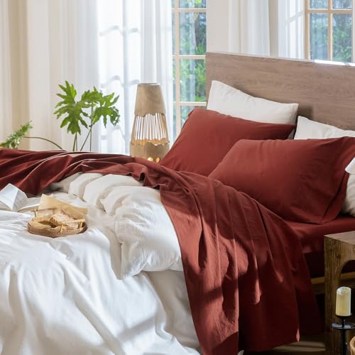 Image of MooMee Sheet Set 100% Washed Cotton Linen-Like Extra Deep Pocket Queen | Relaxed Linen-like Texture. Soft, Breathable & Lightweight Comfort. 15-19 inch Extra Deep Pocket with All-around Elastic