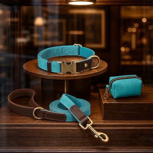Image of Didog PU Leather Dog Collar for Large Dogs, Soft Nylon Lining, Light Blue L