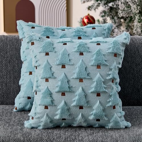 Image of Allorry Christmas Pillow Covers 18x18 inch Set of 2 Blue Christmas Decorations Soft Plush Faux Fur Wool Christmas Tree Throw Pillow Cases Winter Holiday Decor for Sofa Living Room PT002F18