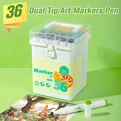 Newest 36 Colors Art Markers, Dual Tip Drawing Markers Pen, Note Taking Coloring Drawing Sketching Permanent Brush Markers For Adult Kids, 36 Pcs #TOP3