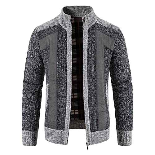 Men's Patchwork Sweater Winter Casual Slim Fit Knitted Coat Stand Collar Full Zipper up Cardigan Knitwear Outwear