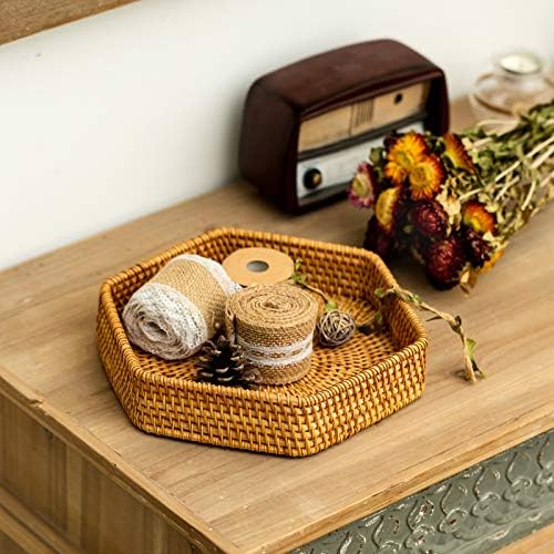 Sziqiqi Rattan Serving Tray Set of 2 Hexagon Hand Woven Wicker Tray Rattan Tray Rustic Decorative Tray for Breakfast, Drinks, Snack, Bread for Coffee Table Bar Dinner Parties Kitchen Organizer