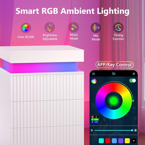 Image of Fluted Nightstand with Hidden Charging Station, LED Light, USB Ports, AC Outlets, Sliding Top, 3 Drawer Storage, Modern Bedside Table for Bedroom, White