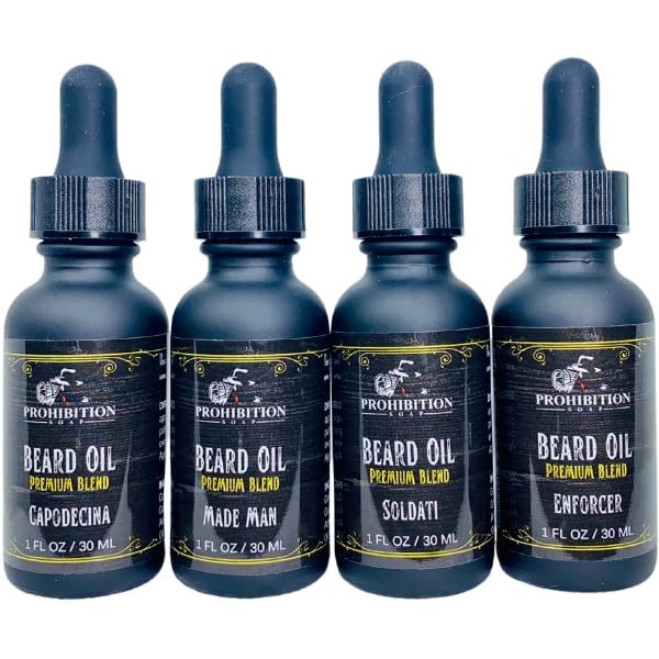 Prohibition Soap Beard Oil, With Organic Jojoba and Argan Oil, Premium Blend, for All Beard Types (Welcome to the Family Beard Oil 4 Pack)