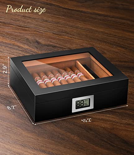Cigar Humidor Box Glass Top,Spanish Cedar Wood 25-35 Cigars Storage Case, Desktop Humidor Cigar Box With Hygrometer, Humidifier & Divider, Luxury Black Finish #TOP3