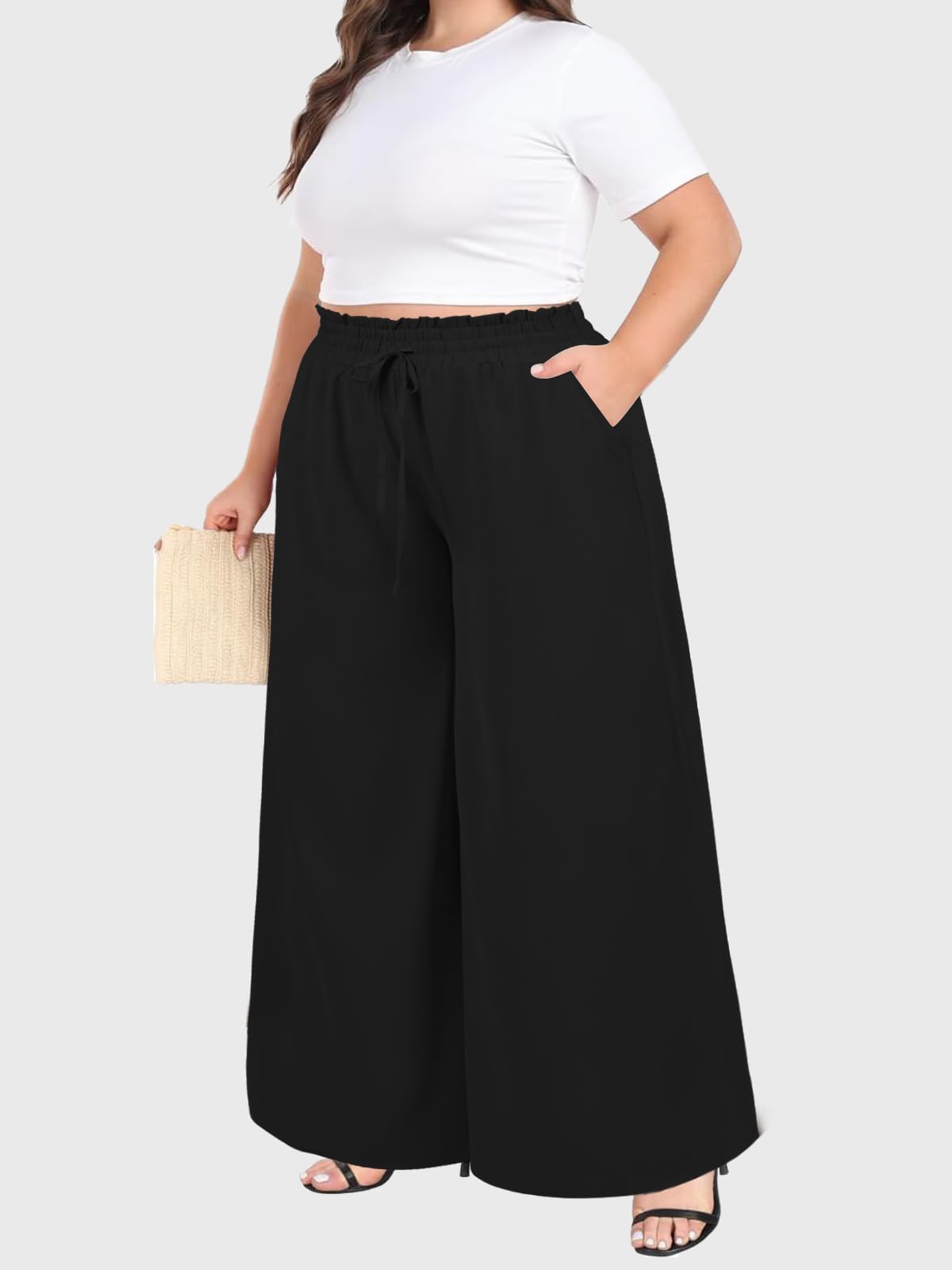 Moon Wood Pantalones Palazzo Mujer Talla Grande Cintura Alta Elástico Verano