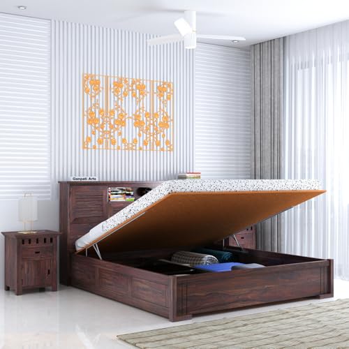 Image of Ganpati Arts Maharaja Groove Solid Sheesham Wood Queen Size Bed with Hydraulic Box and Headboard Storage Wooden Double Bed Cot Palang Furniture for Bedroom Living Room Home (Walnut Finish)