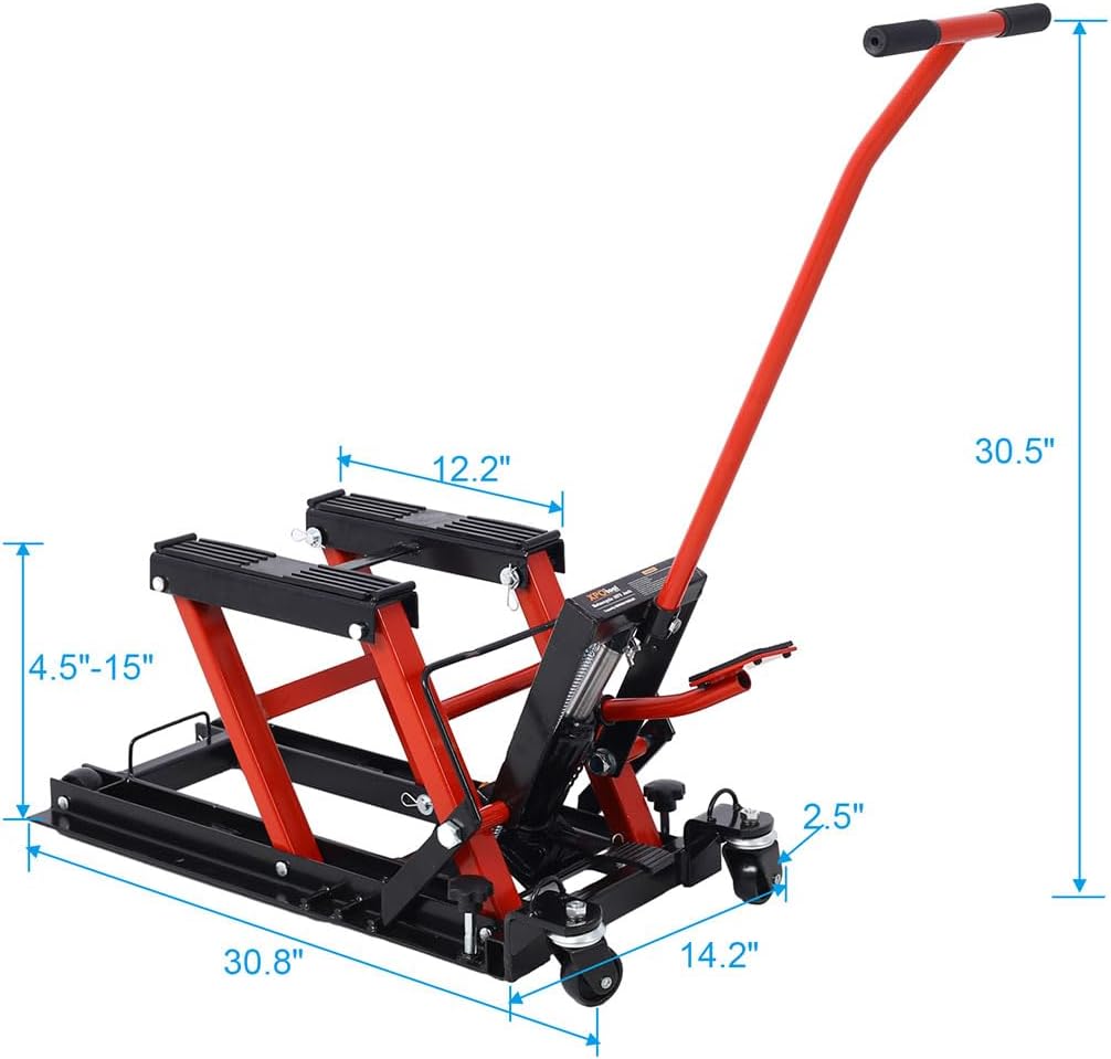 Hydraulic Motorcycle Lift Jack, 1500 LBS Capacity ATV Scissor Lift Jack, Portable Motorcycle Lift Table with 4 Wheels and Handle for ATV, Motorcycle, UTV, Powersports,Red