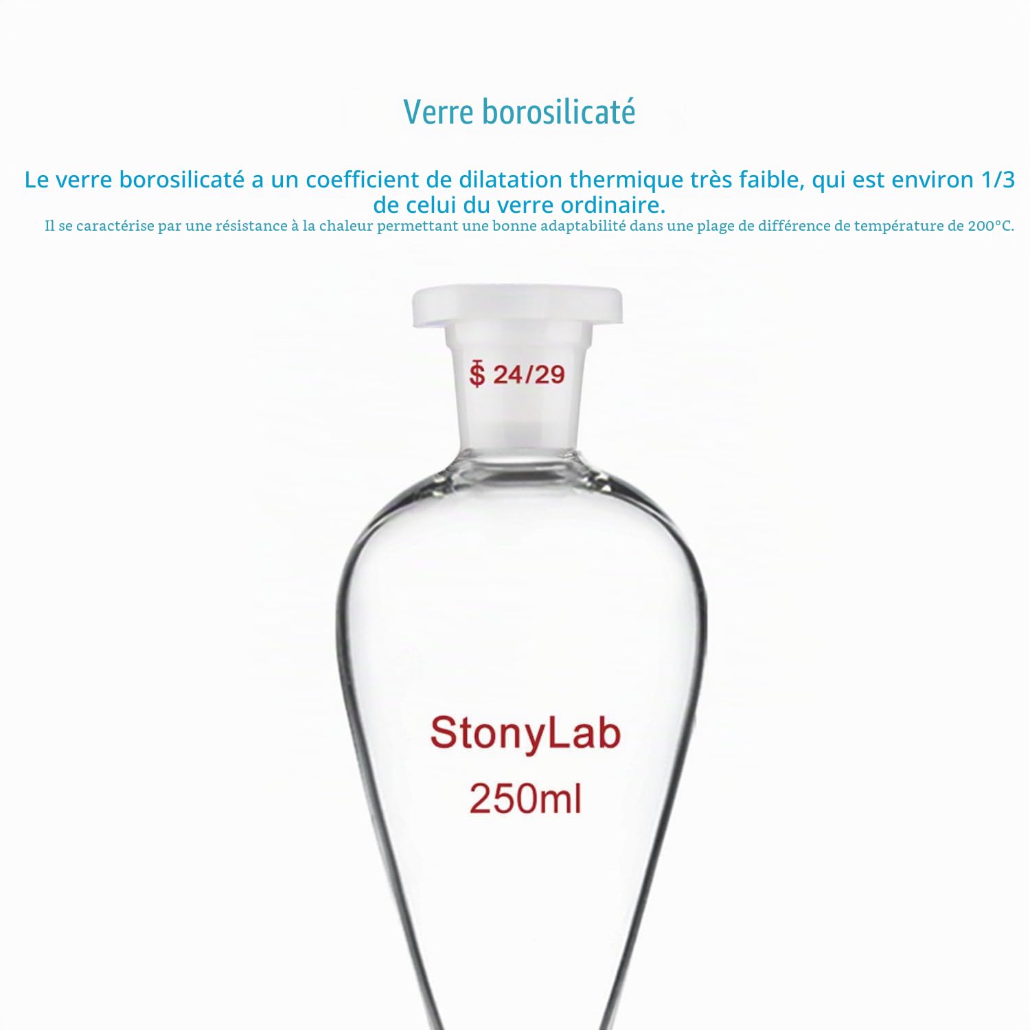 stonylab Entonnoir Séparateur avec Robinet en Verre, Entonnoir en Borosilicate à Joint 24/29 pour Séparation Précise de Liquides en Laboratoire, 250 ml